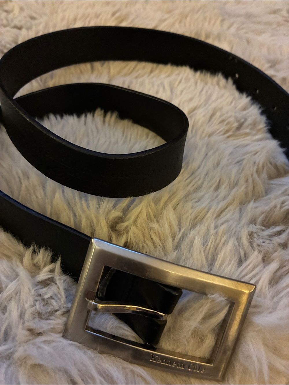 Kenneth Cole Black Leather Belt with Silver Rectangular Buckle
